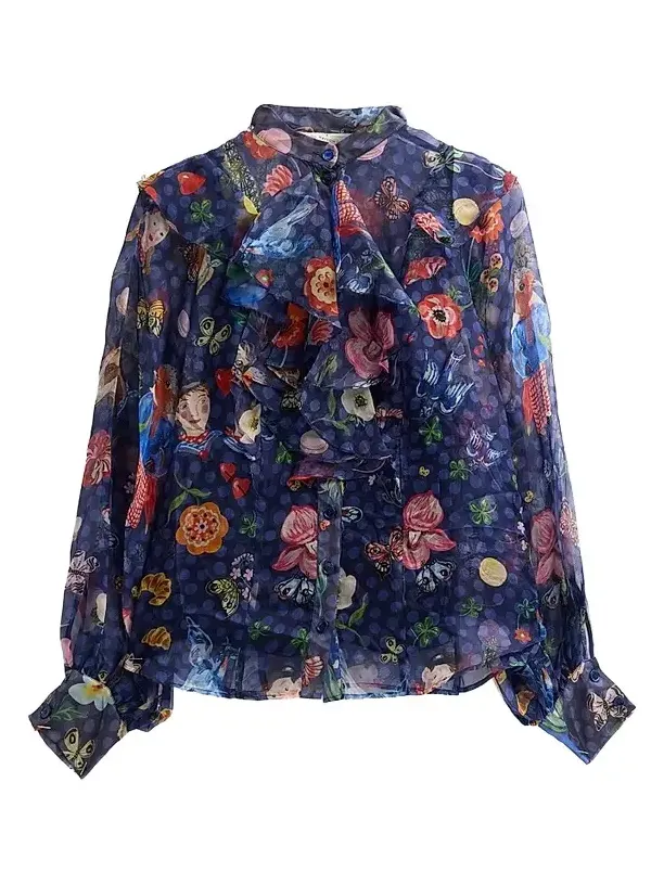 Women's Floral Silk Organza Tieneck Blouse Women's Floral Silk Organza Tieneck Blouse