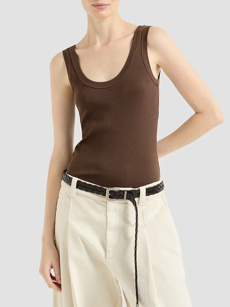 Brunello Cucinelli Women's Stretch Cotton Ribbed Jersey Top with Monili - Brown | Thumbnail 3 Brunello Cucinelli Women's Stretch Cotton Ribbed Jersey Top with Monili - Brown | Thumbnail 3