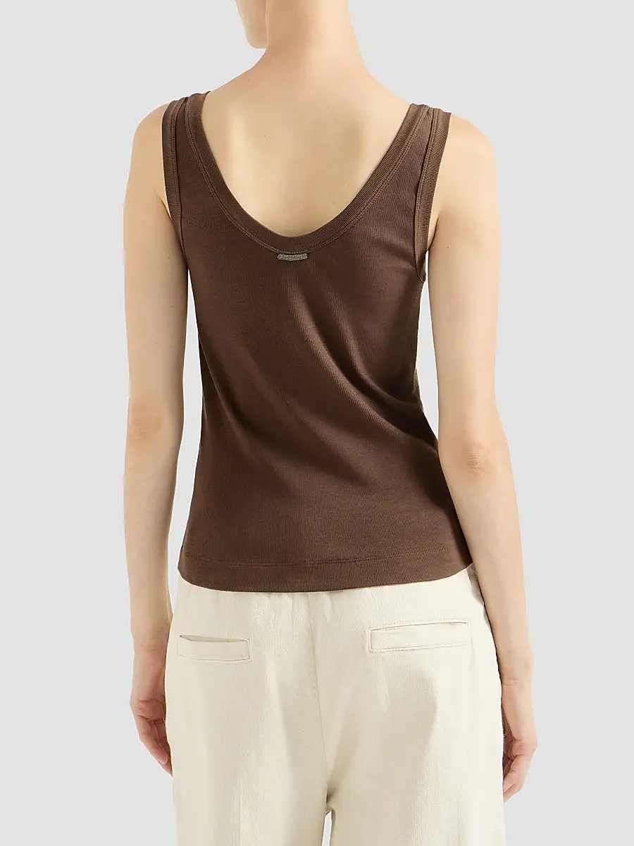 Brunello Cucinelli Women's Stretch Cotton Ribbed Jersey Top with Monili - Brown | Thumbnail 4 Brunello Cucinelli Women's Stretch Cotton Ribbed Jersey Top with Monili - Brown | Thumbnail 4