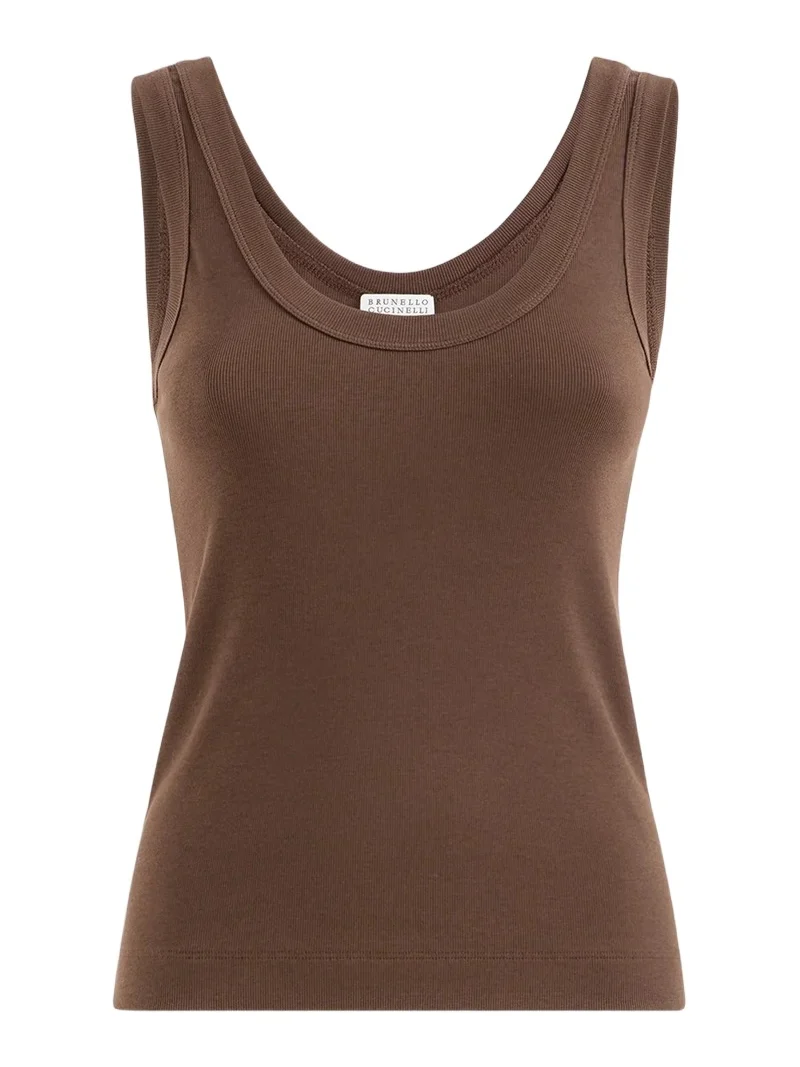 Brunello Cucinelli Women's Stretch Cotton Ribbed Jersey Top with Monili - Brown