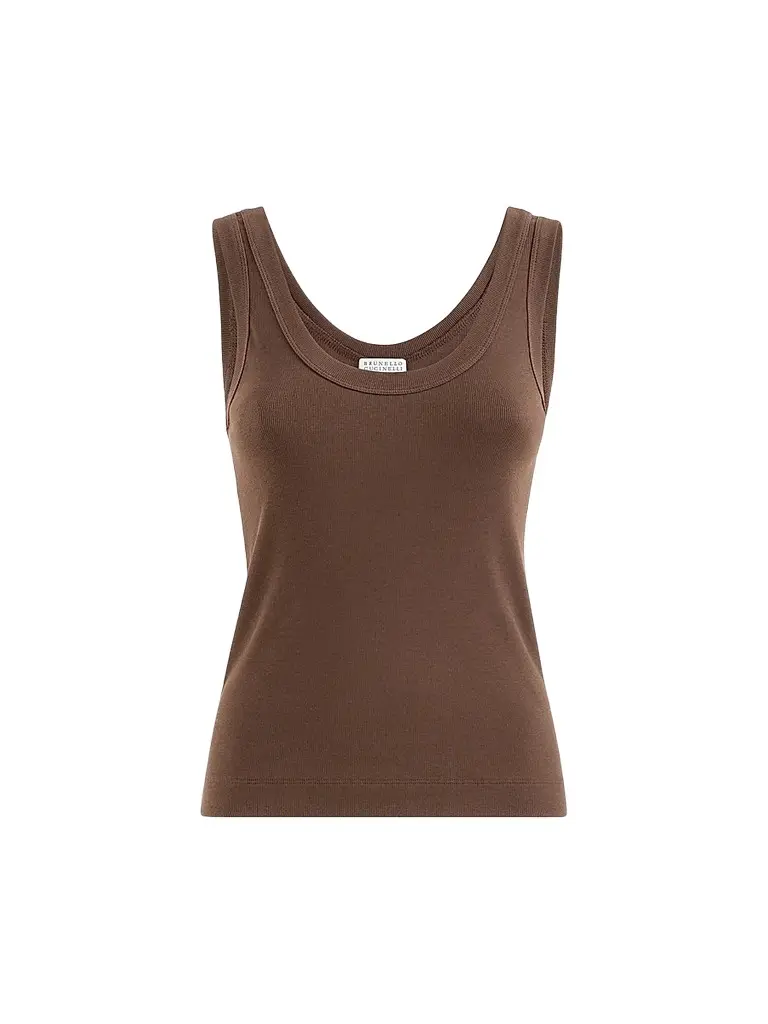 Women's Stretch Cotton Ribbed Jersey Top with Monili - Brown