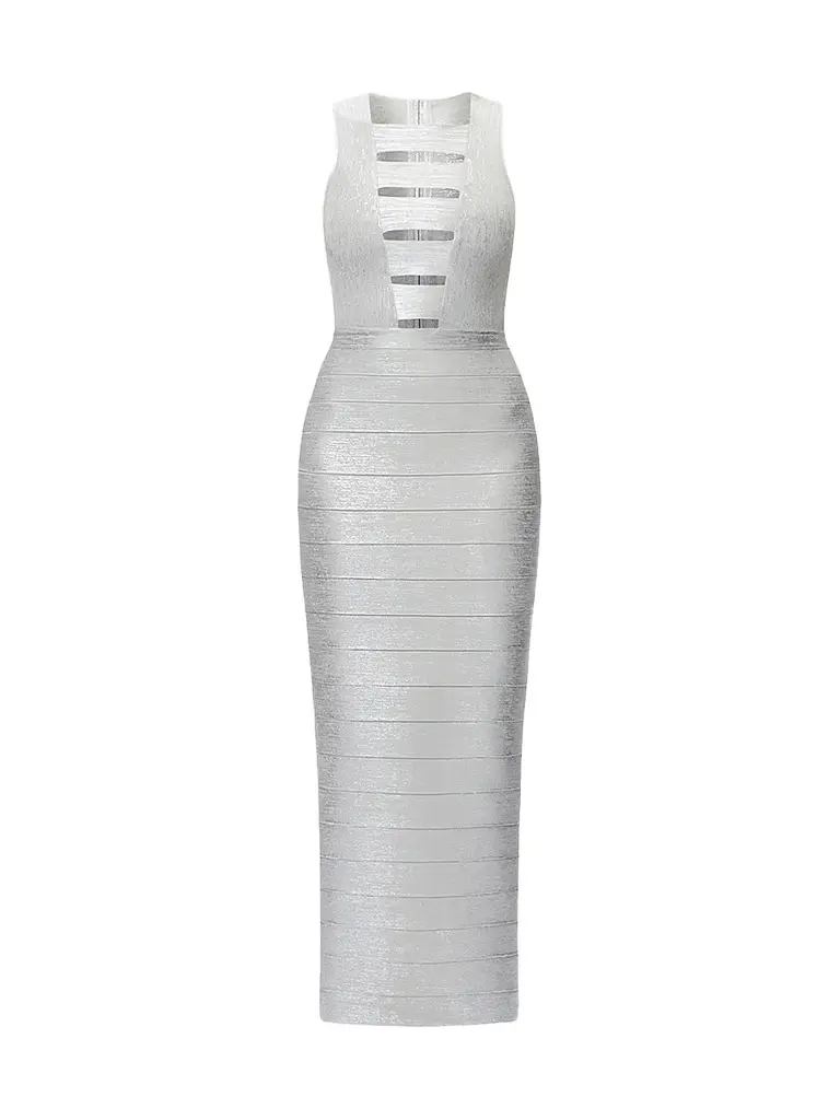 Hervé Léger Women's The Metallic Bailey Gown - Silver Foil | Image 1 Hervé Léger Women's The Metallic Bailey Gown - Silver Foil | Image 1