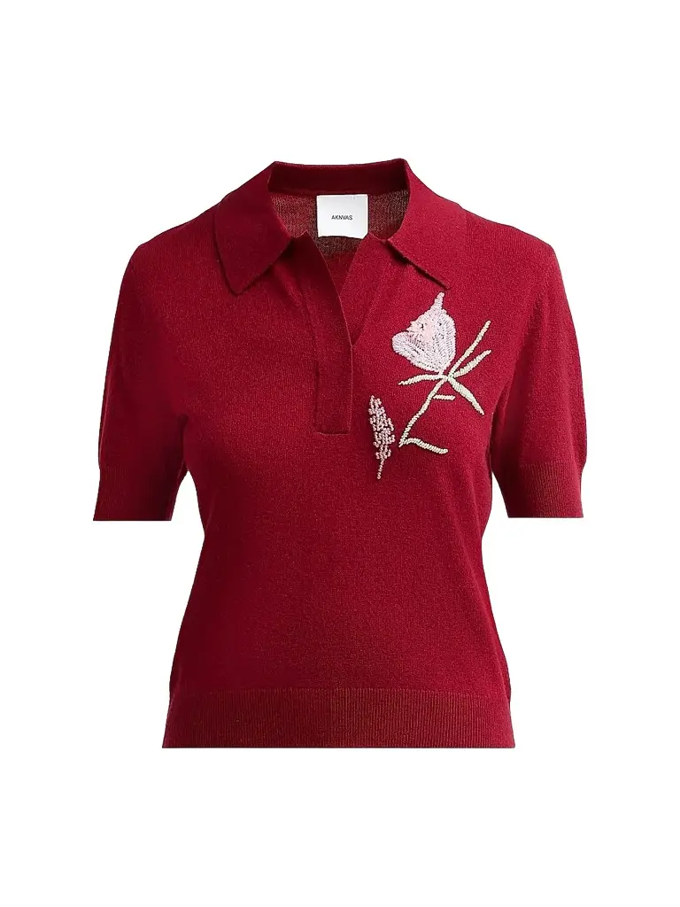 AKNVAS Women's Ailey Embroidered Wool-Cashmere Polo Sweater - Burgundy | Image 1 AKNVAS Women's Ailey Embroidered Wool-Cashmere Polo Sweater - Burgundy | Image 1