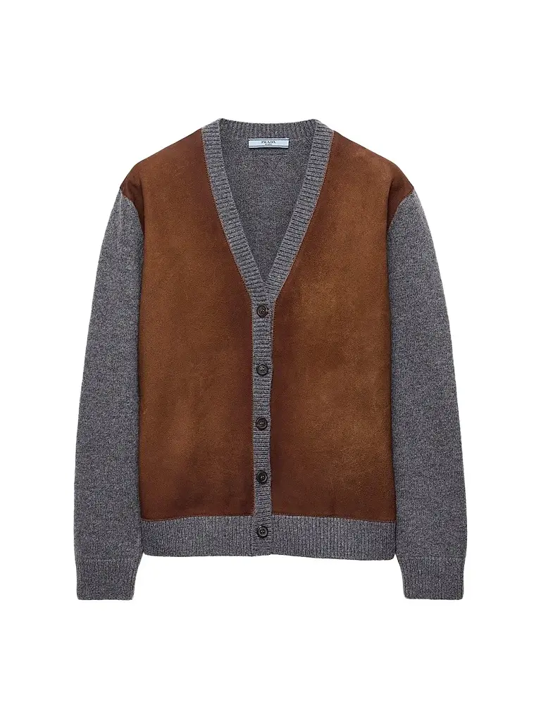 Prada Women's Wool and Suede Cardigan - Grey | Image 1 Prada Women's Wool and Suede Cardigan - Grey | Image 1
