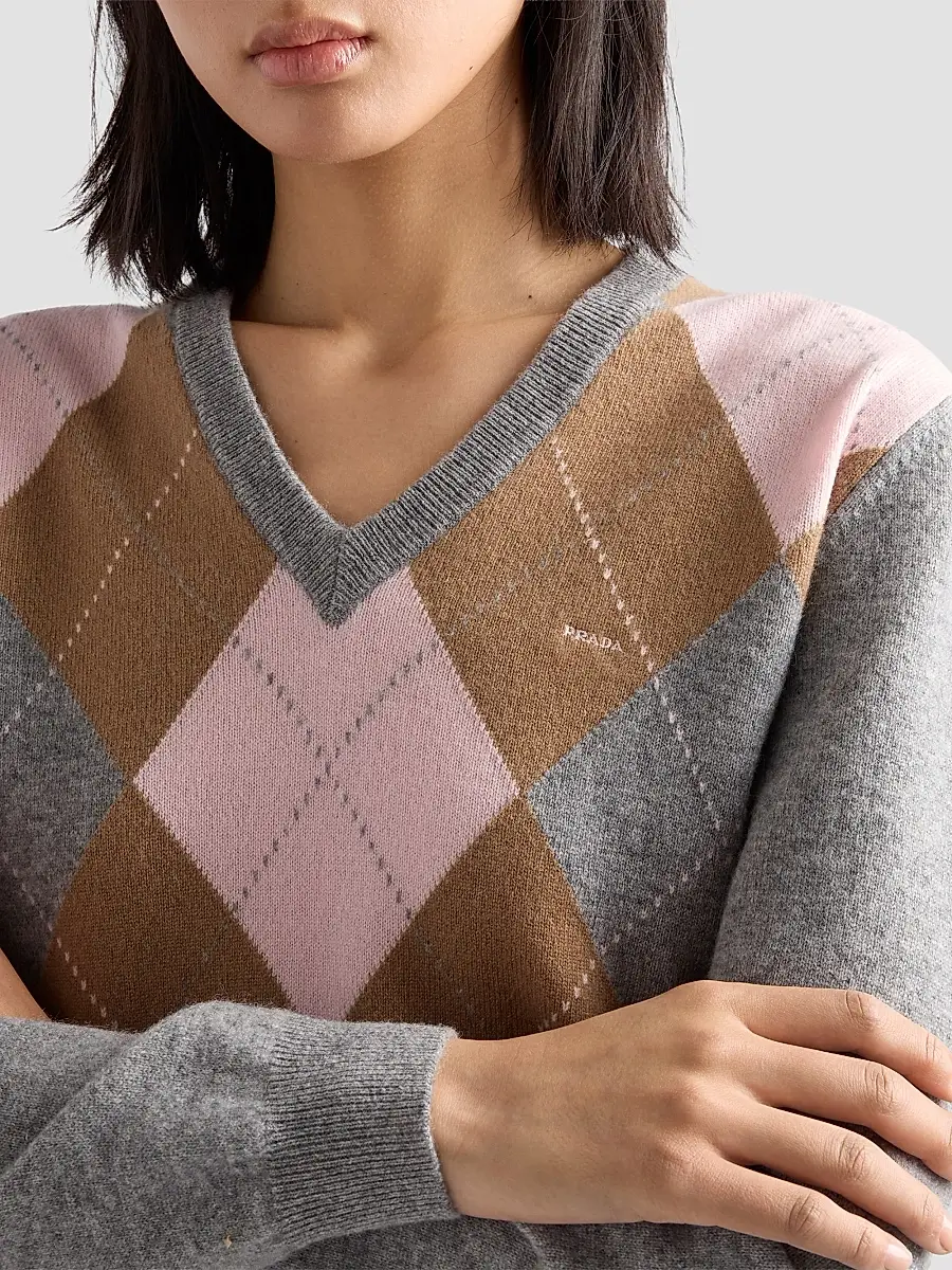 Prada Women's Argyle Cashmere V-Neck Sweater | Thumbnail 6