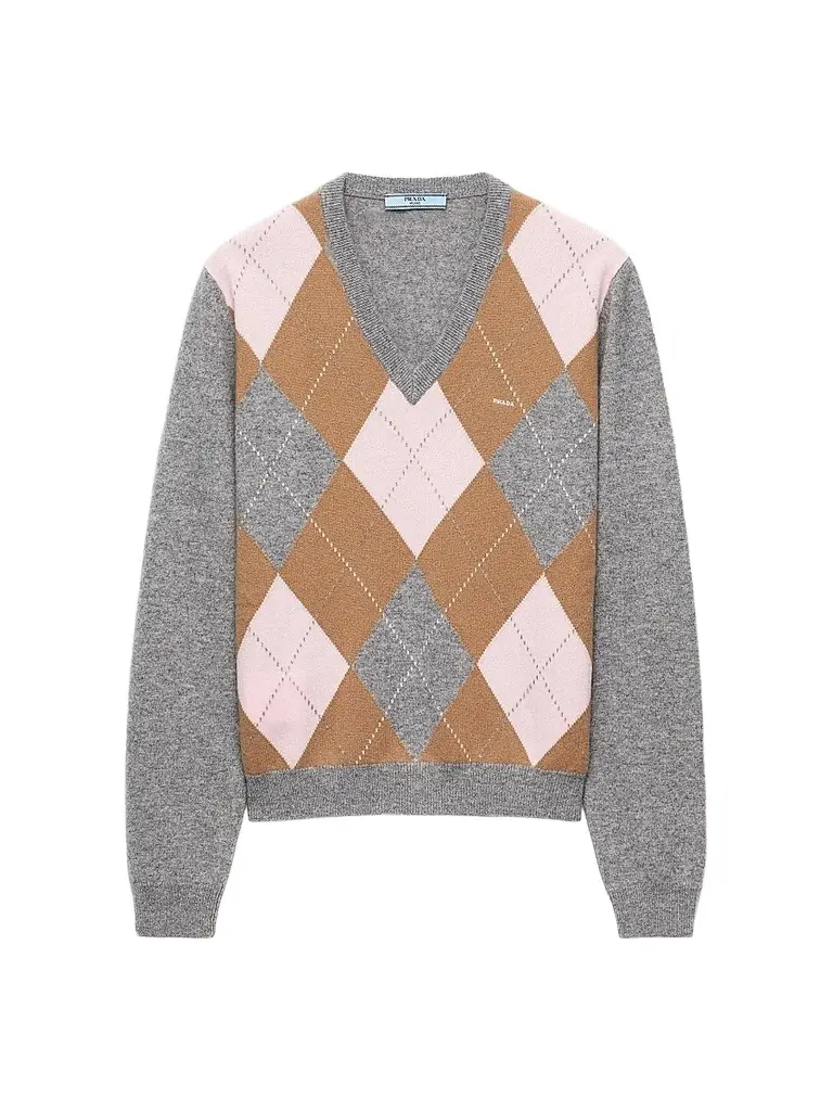 Prada Women's Argyle Cashmere V-Neck Sweater - Grey | Image 1 Prada Women's Argyle Cashmere V-Neck Sweater - Grey | Image 1