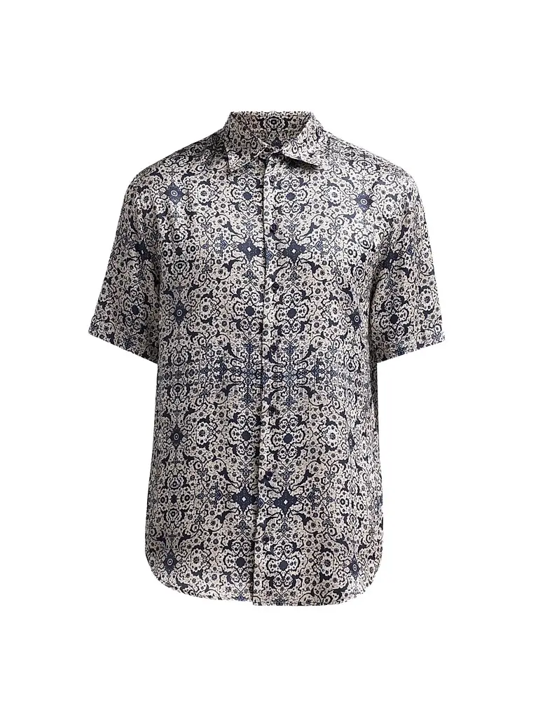 Emporio Armani Men's Abstract Floral Short-Sleeve Sport Shirt - Blue Arabesque - Size XXL | Image 1 Emporio Armani Men's Abstract Floral Short-Sleeve Sport Shirt - Blue Arabesque - Size XXL | Image 1