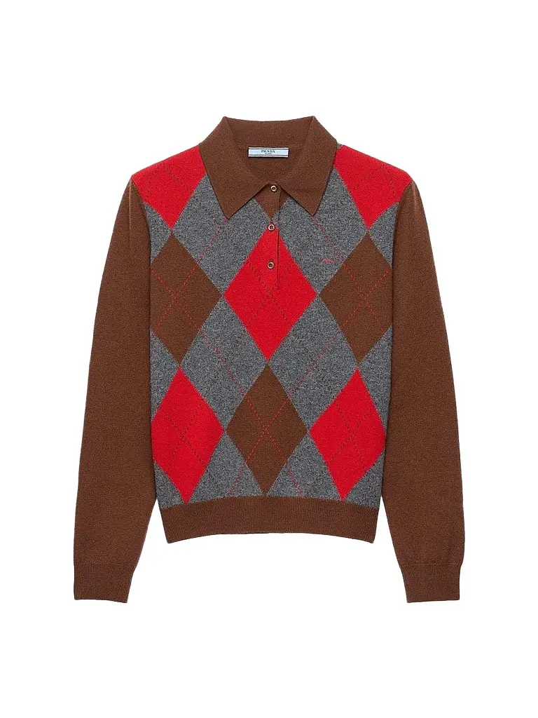 Prada Women's Argyle Cashmere Polo Sweater - Brown | Image 1 Prada Women's Argyle Cashmere Polo Sweater - Brown | Image 1