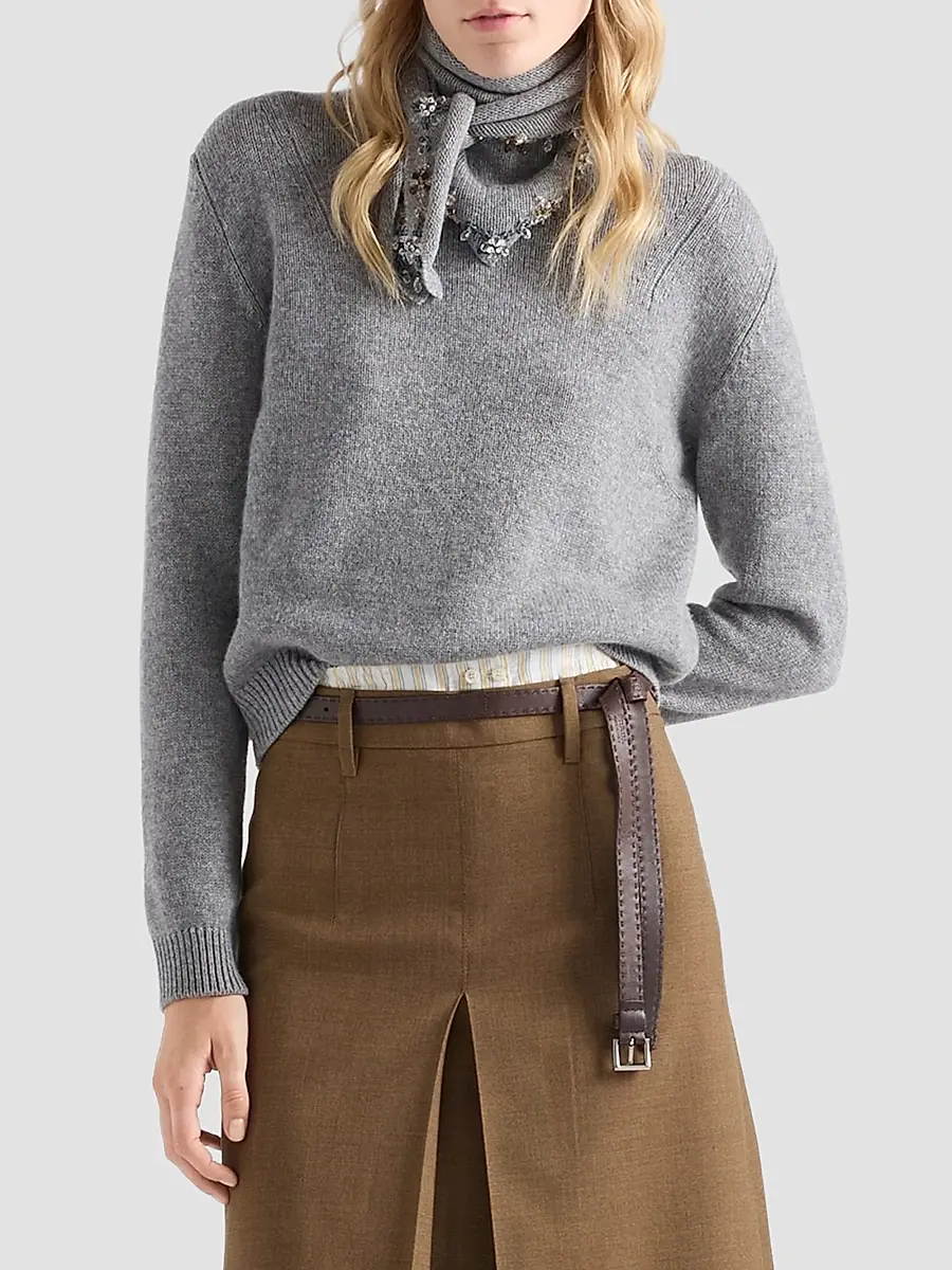 Prada Women's Cashmere Crew-Neck Sweater with Scarf - Grey | Thumbnail 3 Prada Women's Cashmere Crew-Neck Sweater with Scarf - Grey | Thumbnail 3