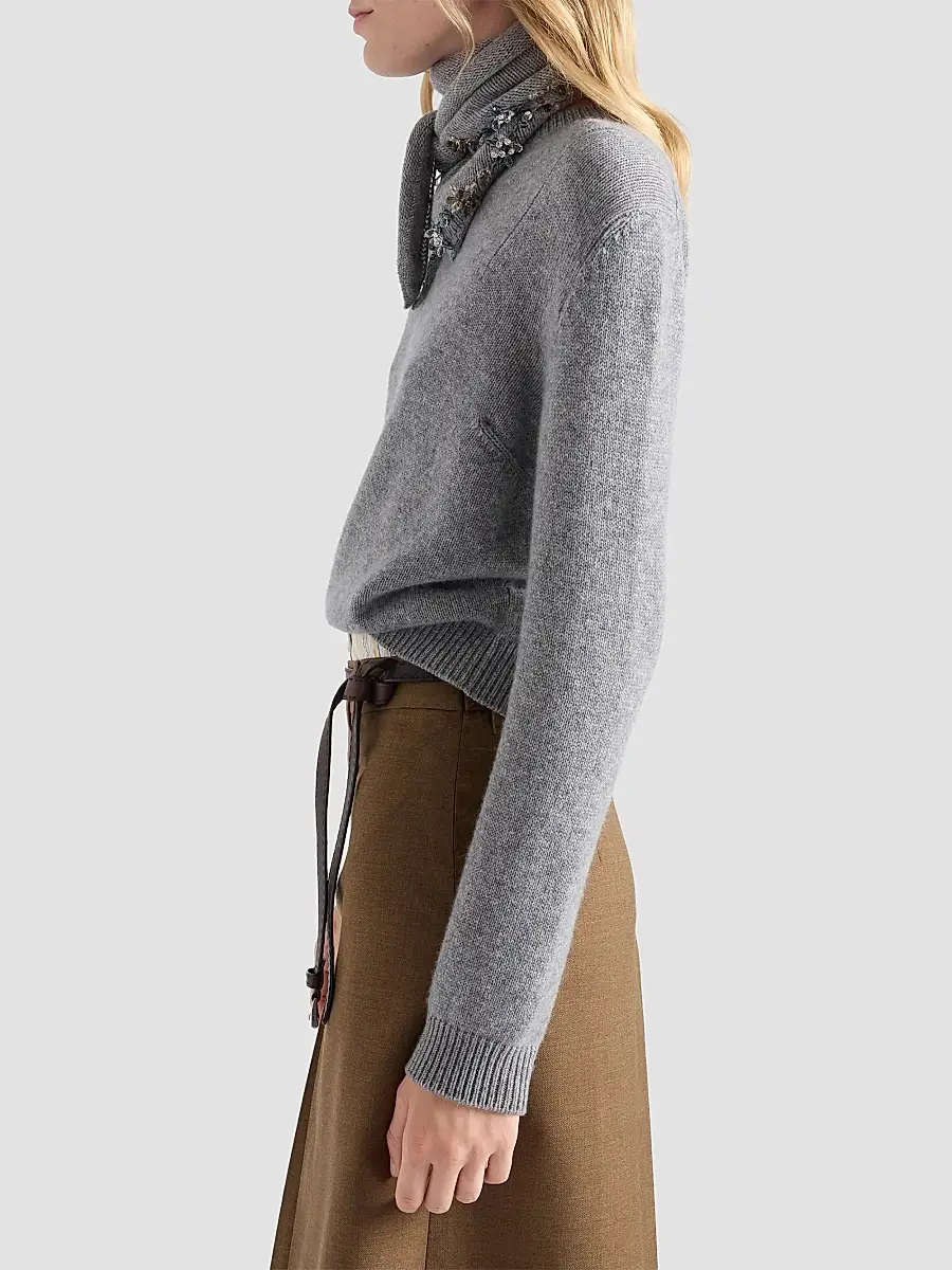 Prada Women's Cashmere Crew-Neck Sweater with Scarf - Grey | Thumbnail 7 Prada Women's Cashmere Crew-Neck Sweater with Scarf - Grey | Thumbnail 7