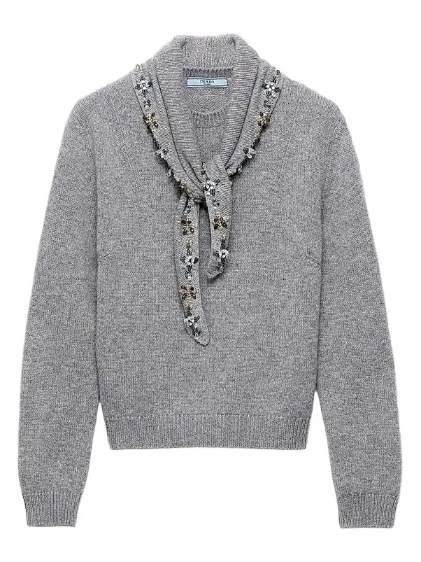 Women's Cashmere Crew-Neck Sweater with Scarf - Grey