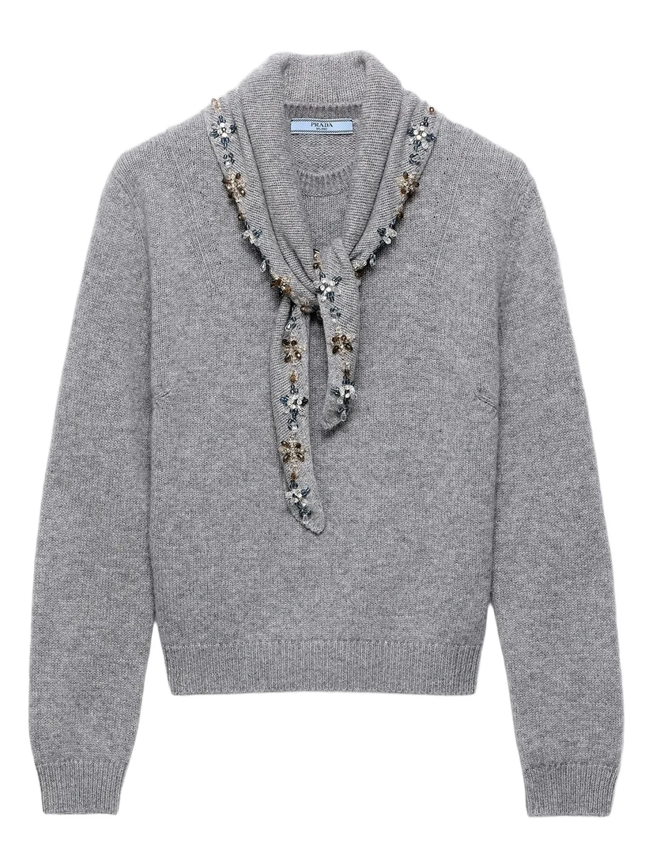 Prada Women's Cashmere Crew-Neck Sweater with Scarf - Grey