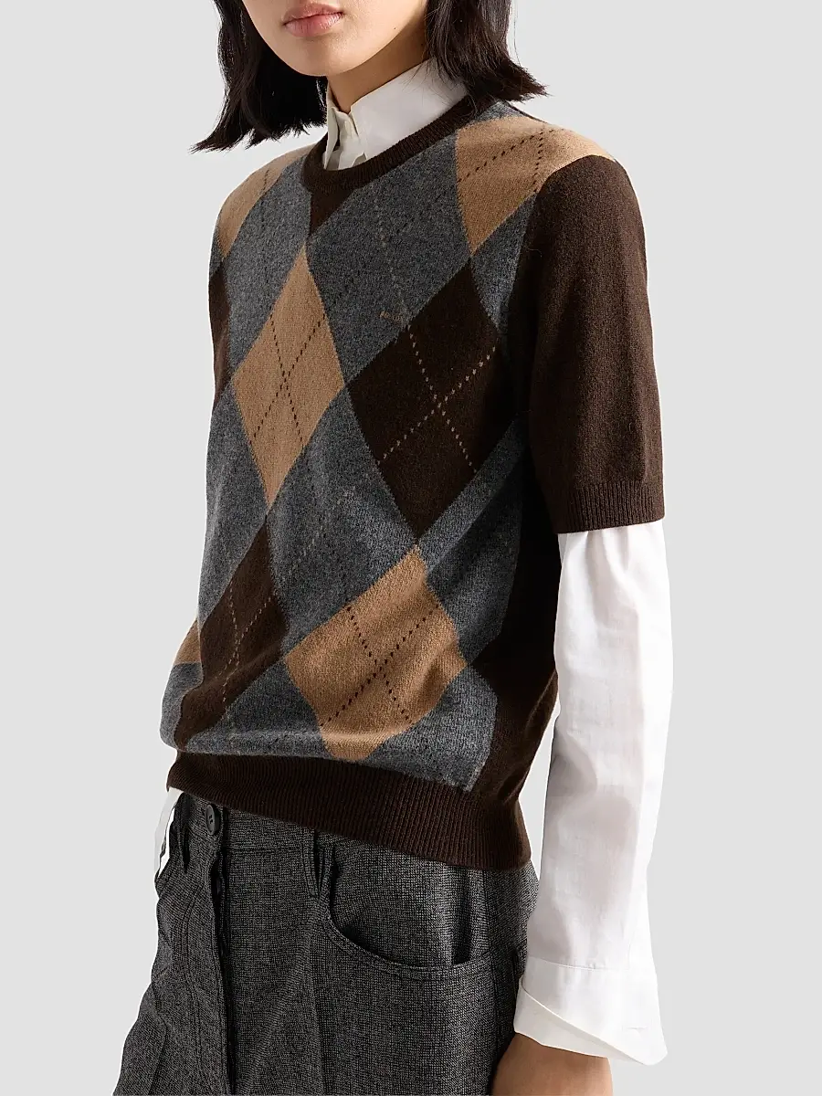 Prada Women's Short-Sleeved Argyle Cashmere Sweater | Thumbnail 4 Prada Women's Short-Sleeved Argyle Cashmere Sweater | Thumbnail 4