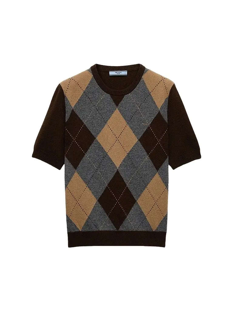 Prada Women's Short-Sleeved Argyle Cashmere Sweater - Brown | Image 1 Prada Women's Short-Sleeved Argyle Cashmere Sweater - Brown | Image 1