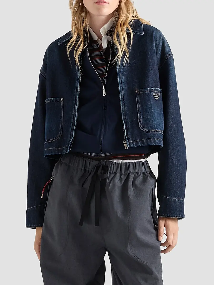 Prada Women's Cropped Denim Blouson Jacket | Thumbnail 3 Prada Women's Cropped Denim Blouson Jacket | Thumbnail 3