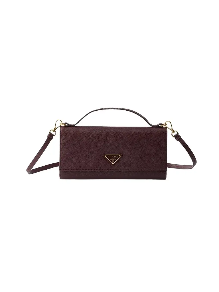 Prada Women's Saffiano Leather Wallet with Shoulder Strap - Dark Red | Image 1 Prada Women's Saffiano Leather Wallet with Shoulder Strap - Dark Red | Image 1