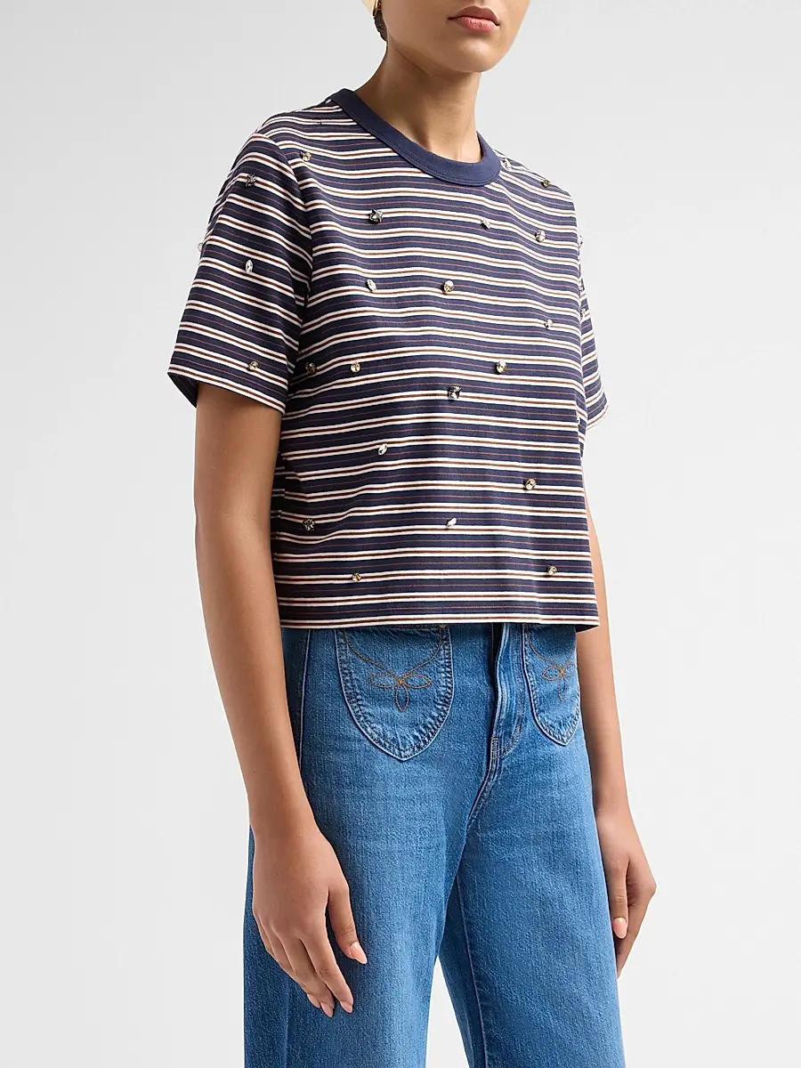 Veronica Beard Women's Sebastian Embellished Stretch-Cotton T-Shirt | Thumbnail 4 Veronica Beard Women's Sebastian Embellished Stretch-Cotton T-Shirt | Thumbnail 4