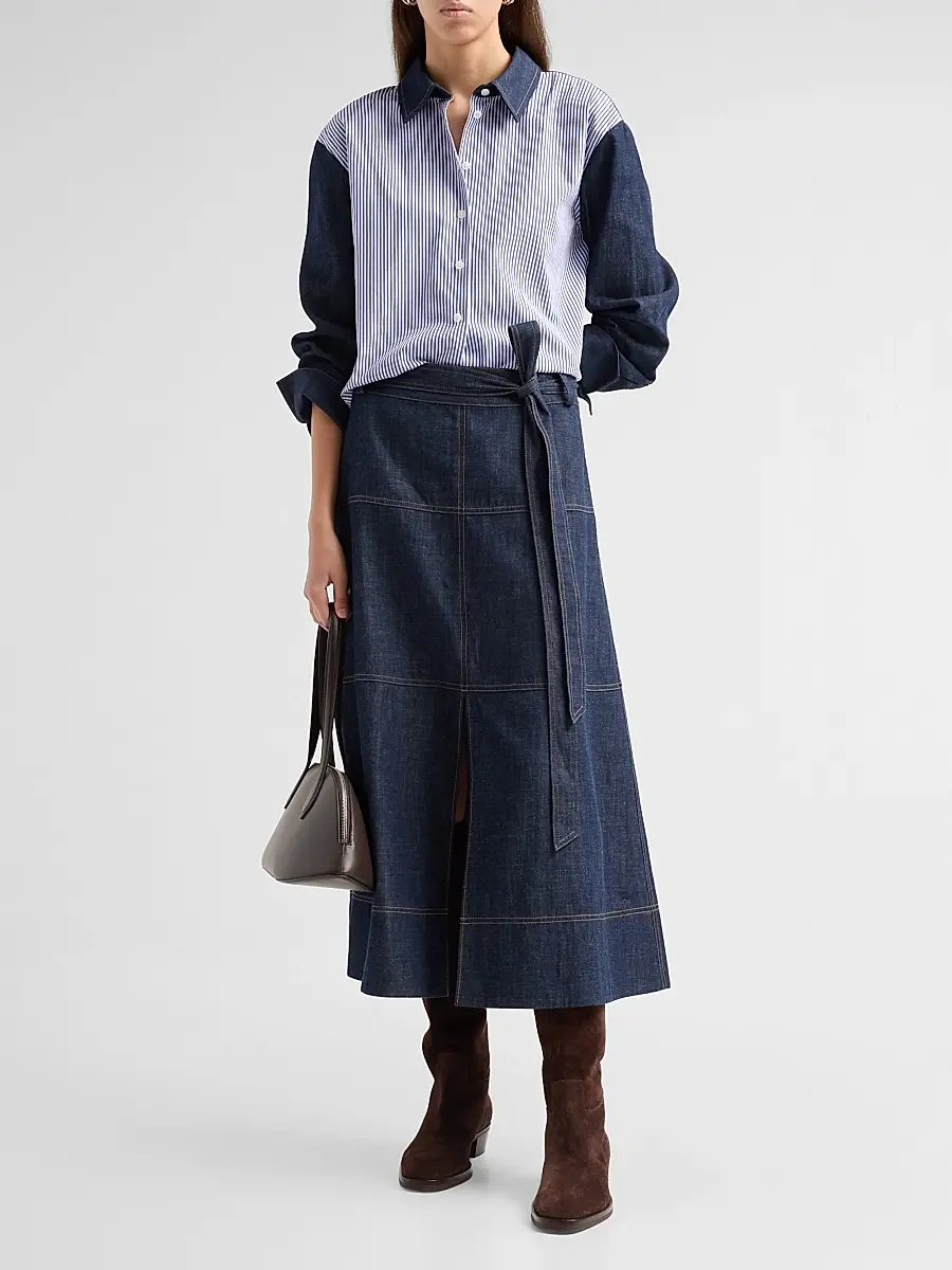 TANYA TAYLOR Women's Largaux Denim & Striped Shirting Top | Thumbnail 2