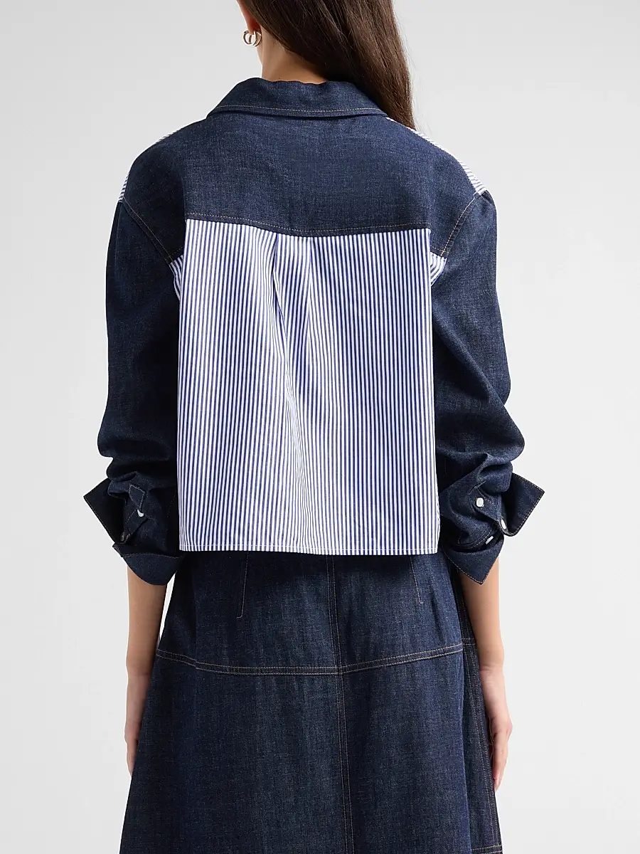 TANYA TAYLOR Women's Largaux Denim & Striped Shirting Top | Thumbnail 3