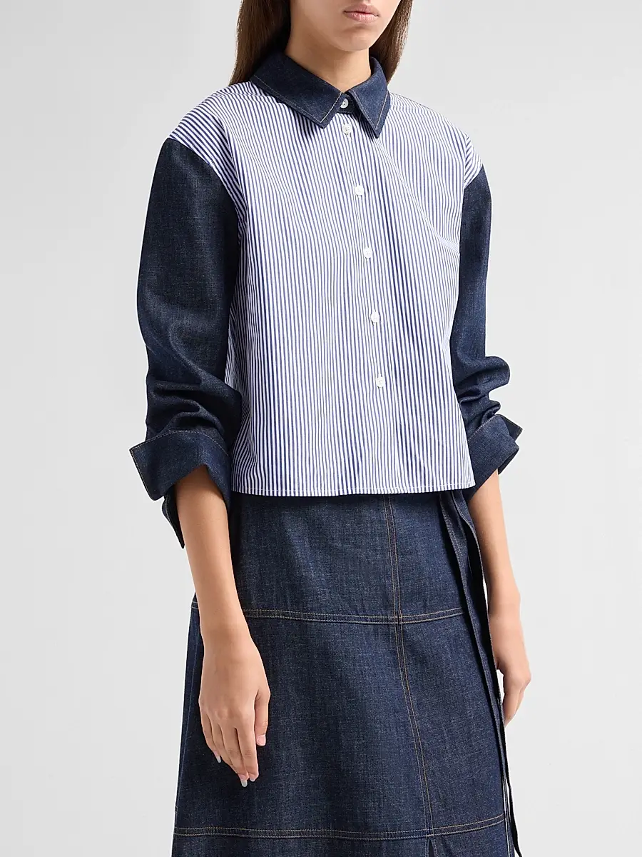 TANYA TAYLOR Women's Largaux Denim & Striped Shirting Top | Thumbnail 4