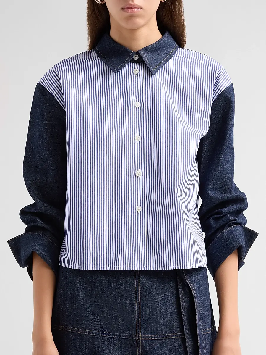 TANYA TAYLOR Women's Largaux Denim & Striped Shirting Top | Thumbnail 5