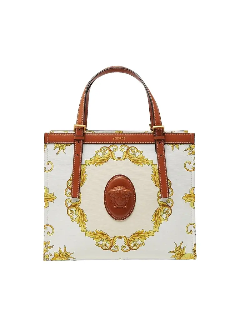 Versace Women's Rivière Small Printed Cotton Canvas Book Tote Bag - Leather Multicolor Gold | Image 1 Versace Women's Rivière Small Printed Cotton Canvas Book Tote Bag - Leather Multicolor Gold | Image 1
