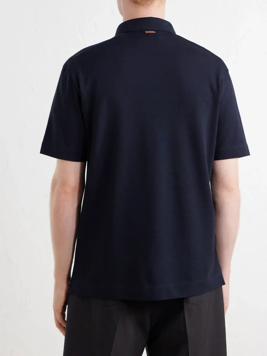 Zegna Leather-Trimmed Cotton-Piqué Polo Shirt - Men | Thumbnail 4