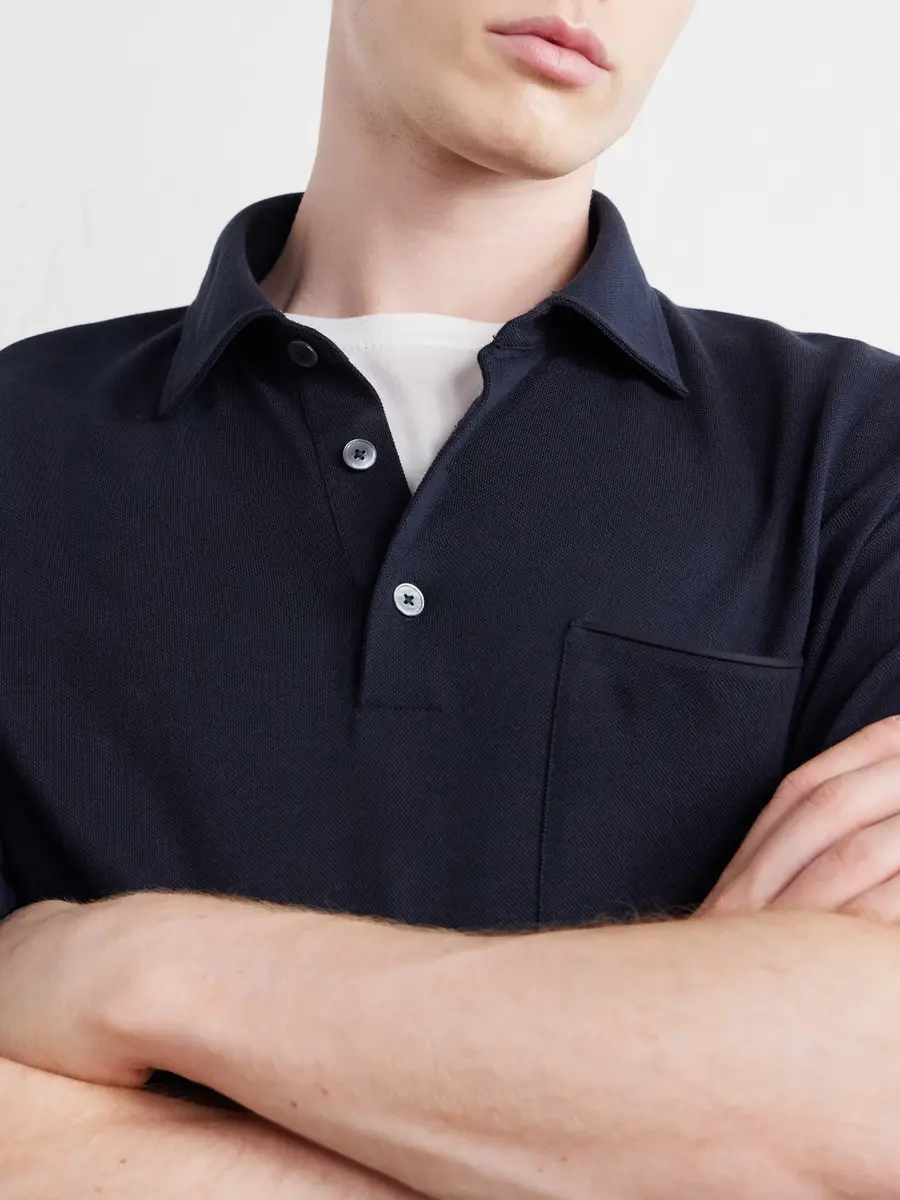 Zegna Leather-Trimmed Cotton-Piqué Polo Shirt - Men | Thumbnail 6