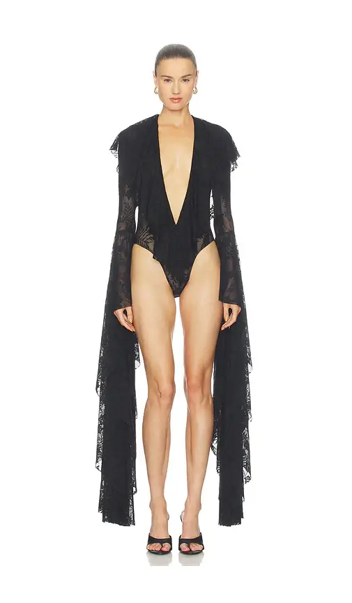 Norma Kamali Xl Sleeve Deep V Ruffle Bodysuit | Thumbnail 2 Norma Kamali Xl Sleeve Deep V Ruffle Bodysuit | Thumbnail 2