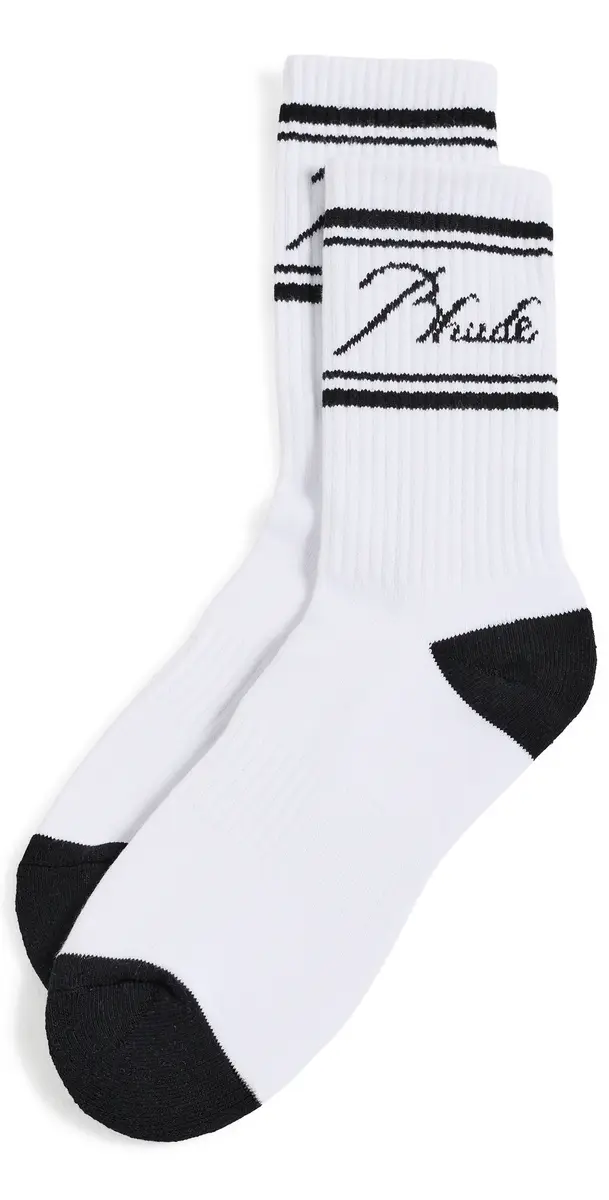 Rhude Contrast Script Logo Socks White / Black One Size | Image 1 Rhude Contrast Script Logo Socks White / Black One Size | Image 1