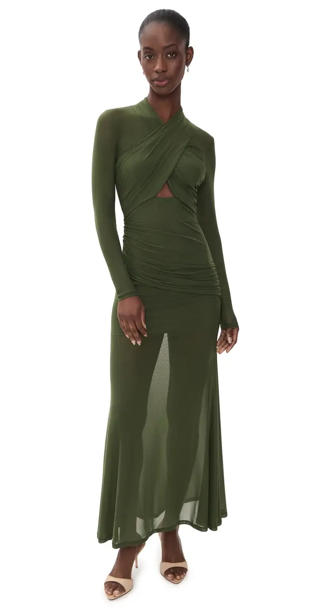 Bardot Veria Wrap Mesh Maxi Dress Khaki | Image 1 Bardot Veria Wrap Mesh Maxi Dress Khaki | Image 1