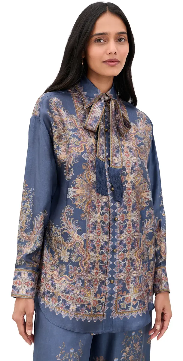 Zimmermann Valiant Relaxed Silk Button Down Shirt Navy Paisley | Image 1 Zimmermann Valiant Relaxed Silk Button Down Shirt Navy Paisley | Image 1