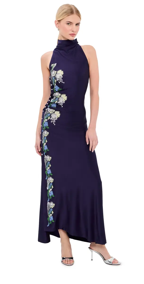 rabanne Embroidered Draped Jersey Long Dress Sailor Blue | Image 1 rabanne Embroidered Draped Jersey Long Dress Sailor Blue | Image 1