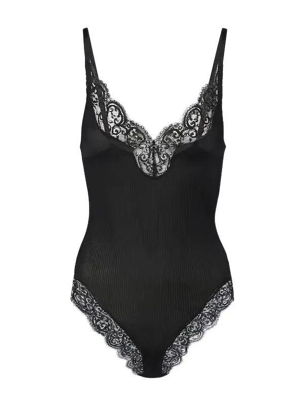 Saint Laurent Lace-trimmed ribbed-knit silk bodysuit