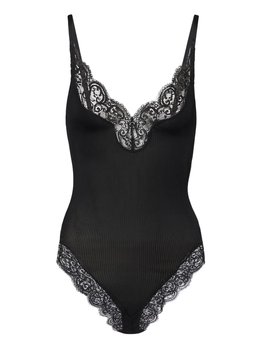 Lace-trimmed ribbed-knit silk bodysuit