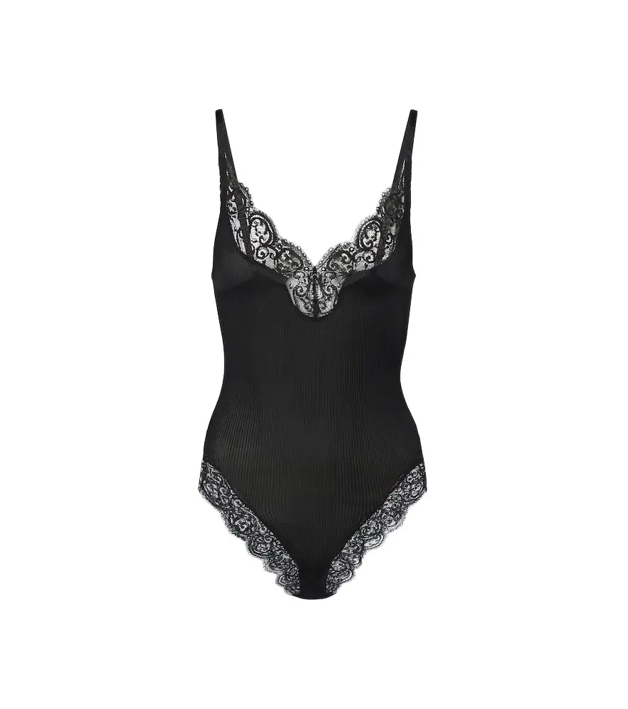 Saint Laurent Lace-trimmed ribbed-knit silk bodysuit | Image 1 Saint Laurent Lace-trimmed ribbed-knit silk bodysuit | Image 1