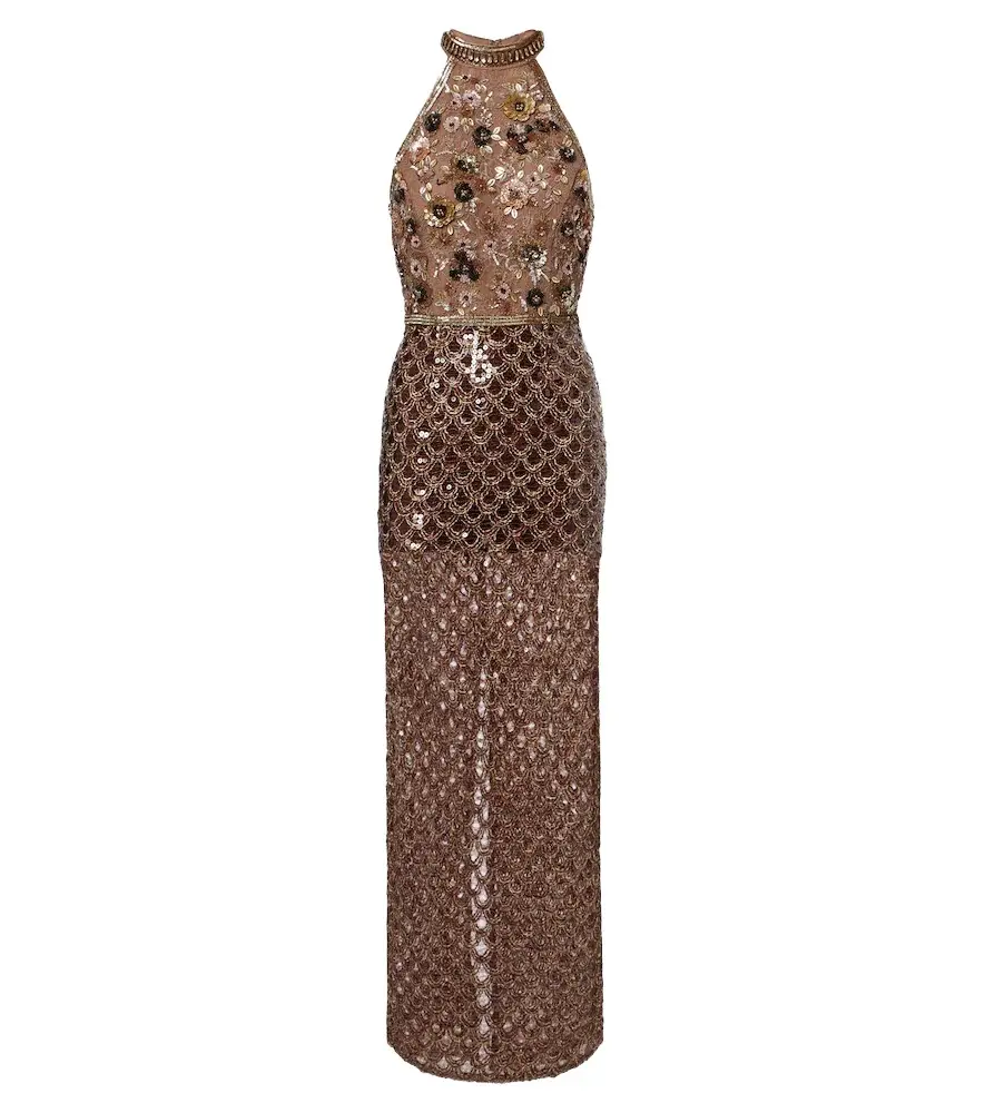 LA FUORI Là Fuori Scales of Gold embellished halterneck gown