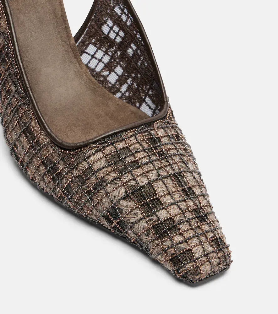 Brunello Cucinelli Beaded checked leather-trimmed slingback pumps | Thumbnail 2 Brunello Cucinelli Beaded checked leather-trimmed slingback pumps | Thumbnail 2