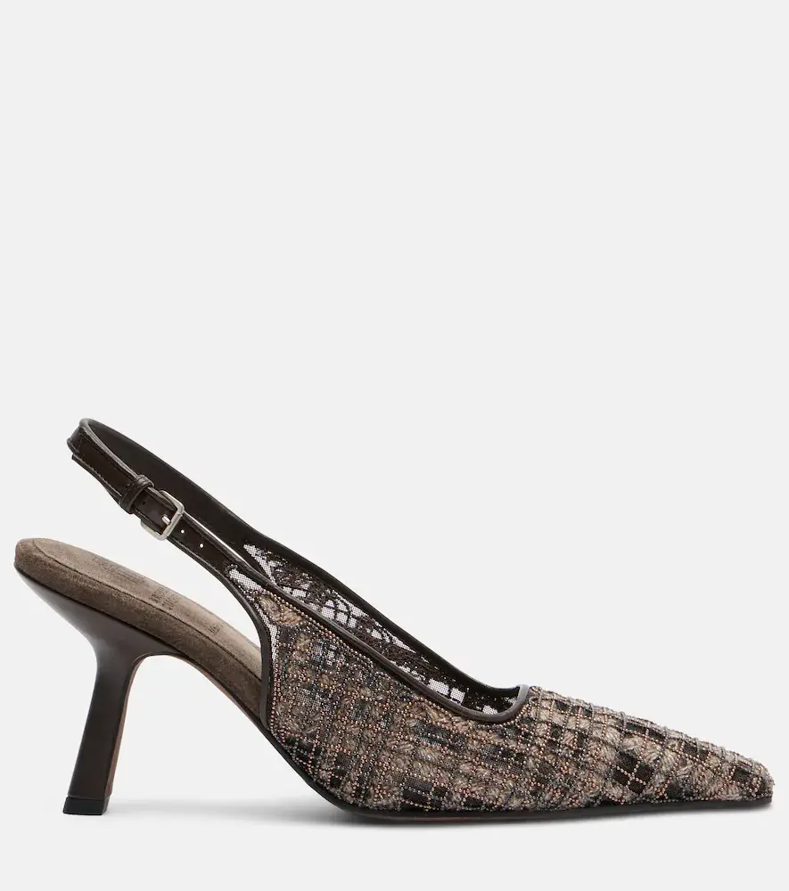 Brunello Cucinelli Beaded checked leather-trimmed slingback pumps | Thumbnail 5 Brunello Cucinelli Beaded checked leather-trimmed slingback pumps | Thumbnail 5