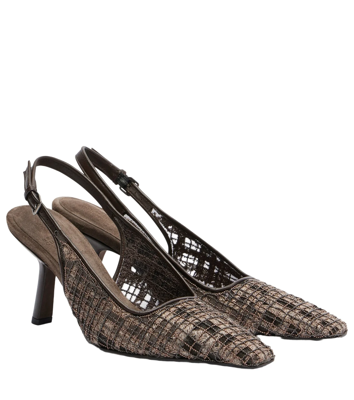 Brunello Cucinelli Beaded checked leather-trimmed slingback pumps