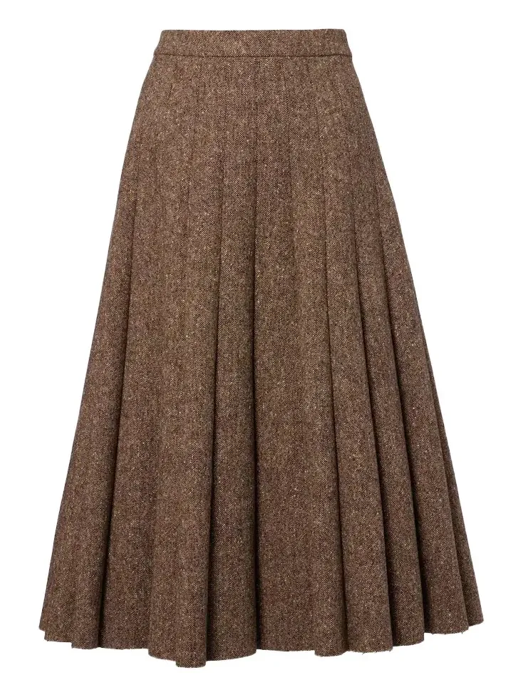Pleated wool-blend tweed midi skirt