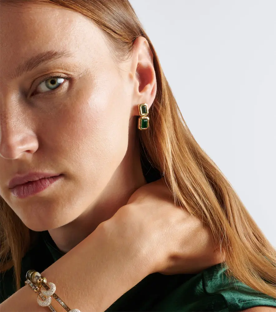 Octavia Elizabeth Nesting Gem 18kt gold drop earrings with emeralds | Thumbnail 3