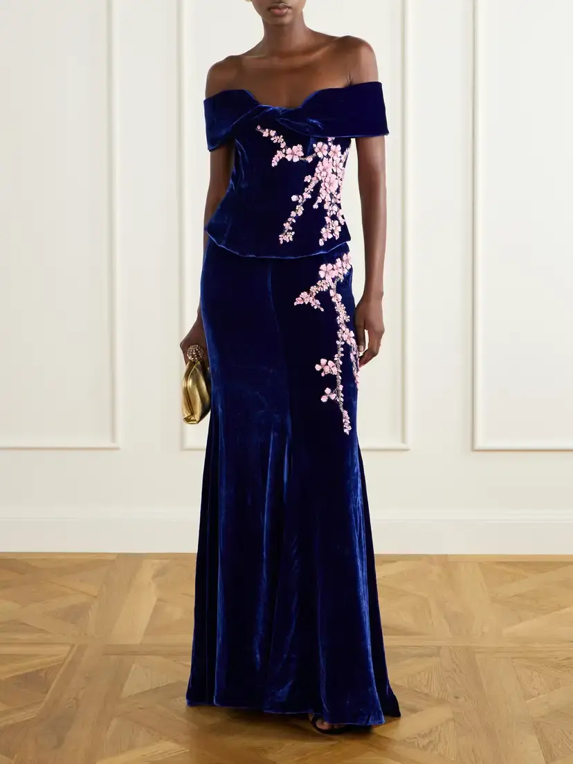 Costarellos Rielle Flower-appliqué Off-shoulder Velvet Gown | Thumbnail 2 Costarellos Rielle Flower-appliqué Off-shoulder Velvet Gown | Thumbnail 2