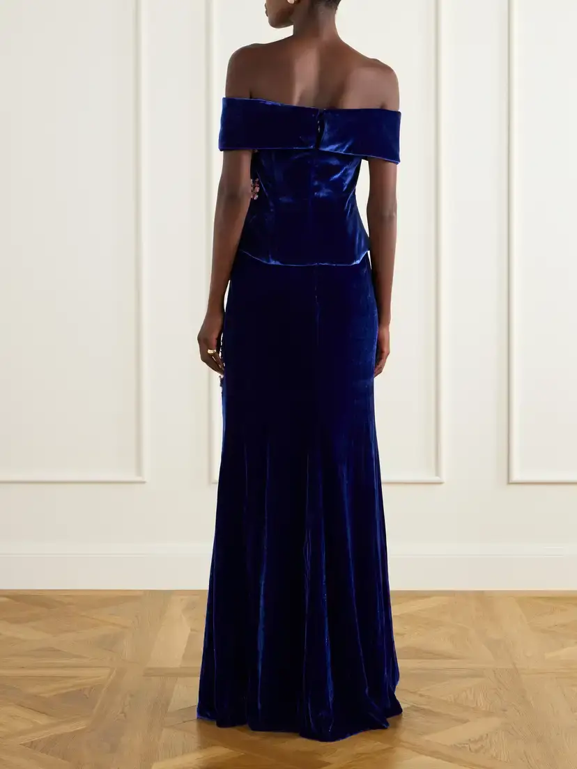 Costarellos Rielle Flower-appliqué Off-shoulder Velvet Gown | Thumbnail 3 Costarellos Rielle Flower-appliqué Off-shoulder Velvet Gown | Thumbnail 3