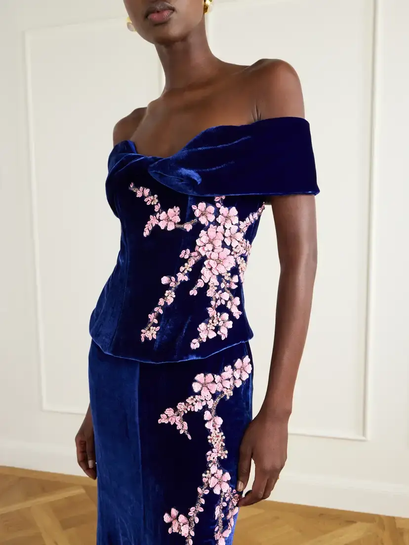 Costarellos Rielle Flower-appliqué Off-shoulder Velvet Gown | Thumbnail 4 Costarellos Rielle Flower-appliqué Off-shoulder Velvet Gown | Thumbnail 4