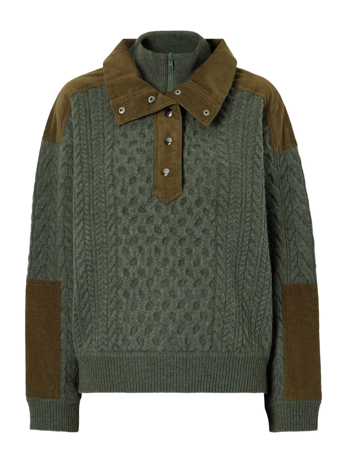 Allen Cotton Corduroy-trimmed Cable-knit Wool Sweater