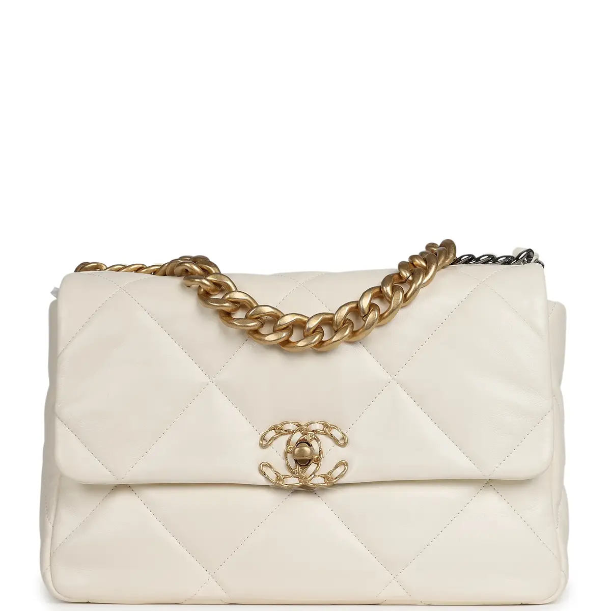 Chanel Chanel Large 19 Flap Bag White Shiny Lambskin Mixed Metal Hardware | Image 1 Chanel Chanel Large 19 Flap Bag White Shiny Lambskin Mixed Metal Hardware | Image 1