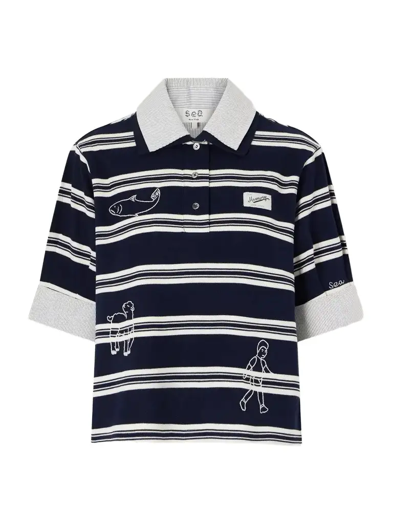Sea Mina Embroidered Striped Polo Shirt | Image 1 Sea Mina Embroidered Striped Polo Shirt | Image 1