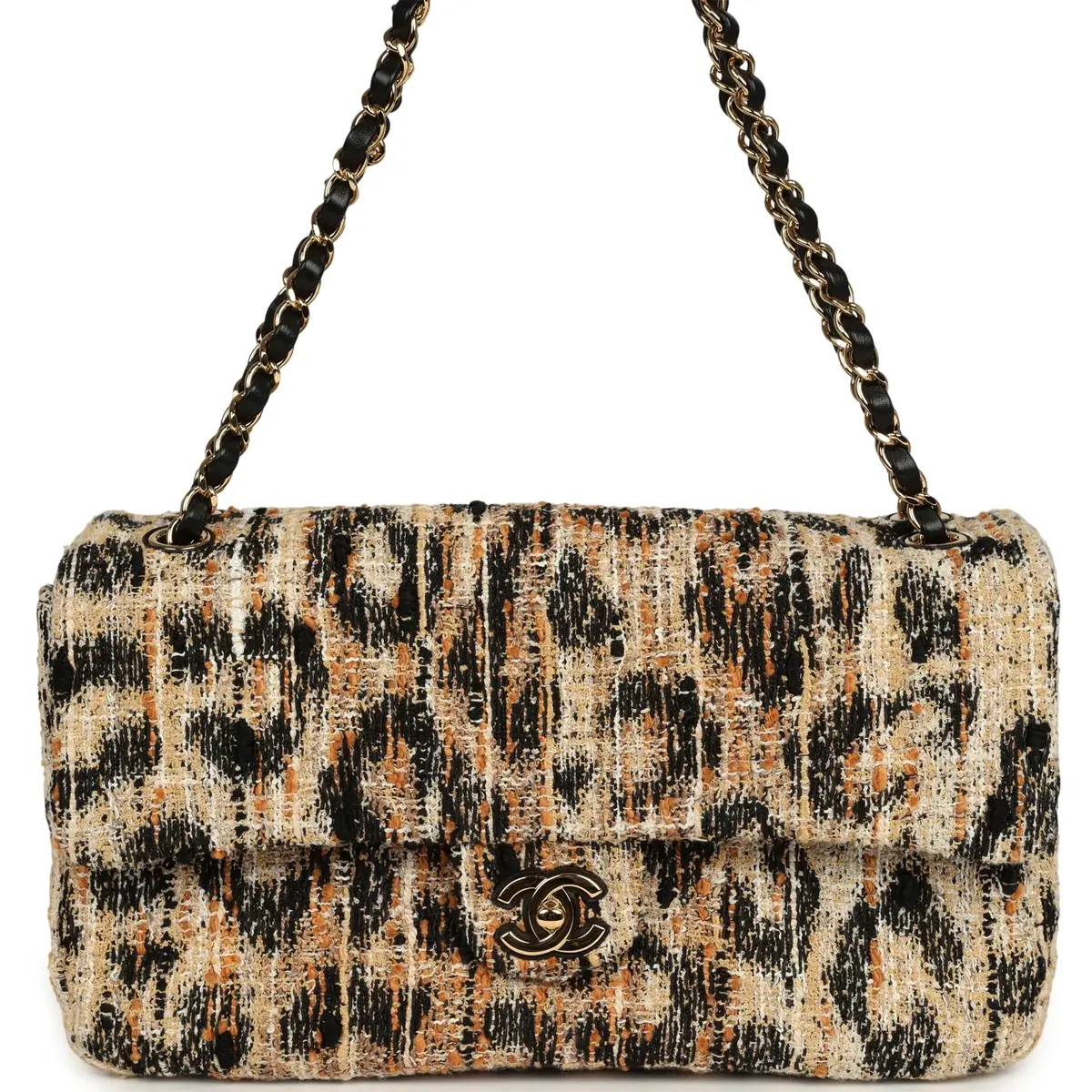 Chanel Chanel Maxi Leopard Print "Souplissimo" Small Flap Bag Brown, Black, White Tweed, Mixed Fibers Gold Hardware | Image 1 Chanel Chanel Maxi Leopard Print "Souplissimo" Small Flap Bag Brown, Black, White Tweed, Mixed Fibers Gold Hardware | Image 1