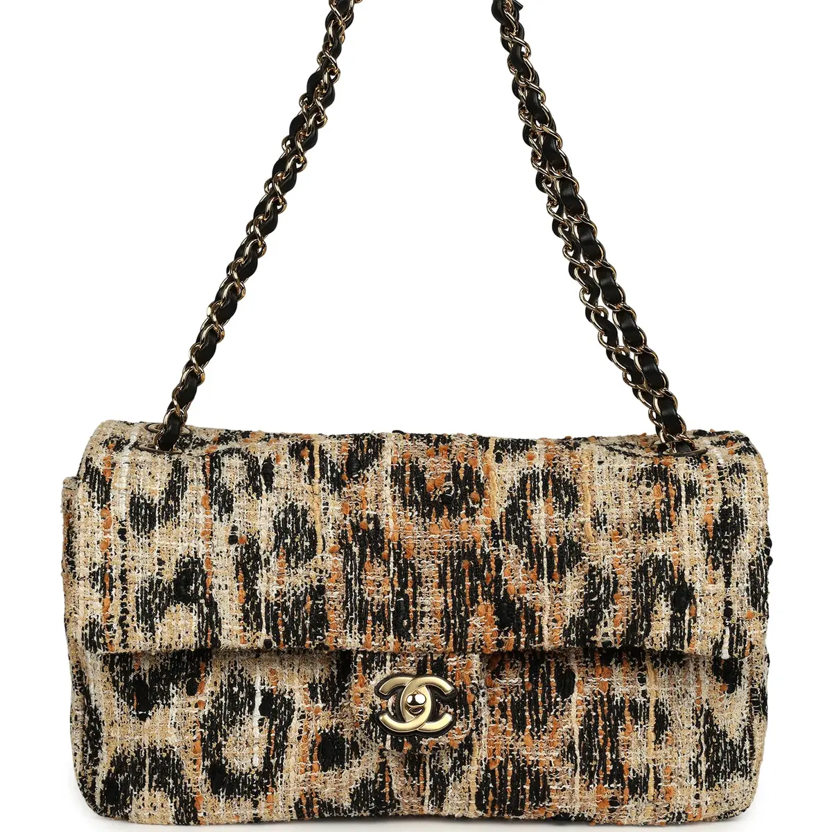 Chanel Chanel Maxi Leopard Print "Souplissimo" Small Flap Bag Brown, Black, White Tweed, Mixed Fibers Gold Hardware | Image 1 Chanel Chanel Maxi Leopard Print "Souplissimo" Small Flap Bag Brown, Black, White Tweed, Mixed Fibers Gold Hardware | Image 1